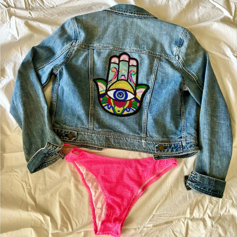 Custom Denim Jean Jacket Hamsa Sz M
